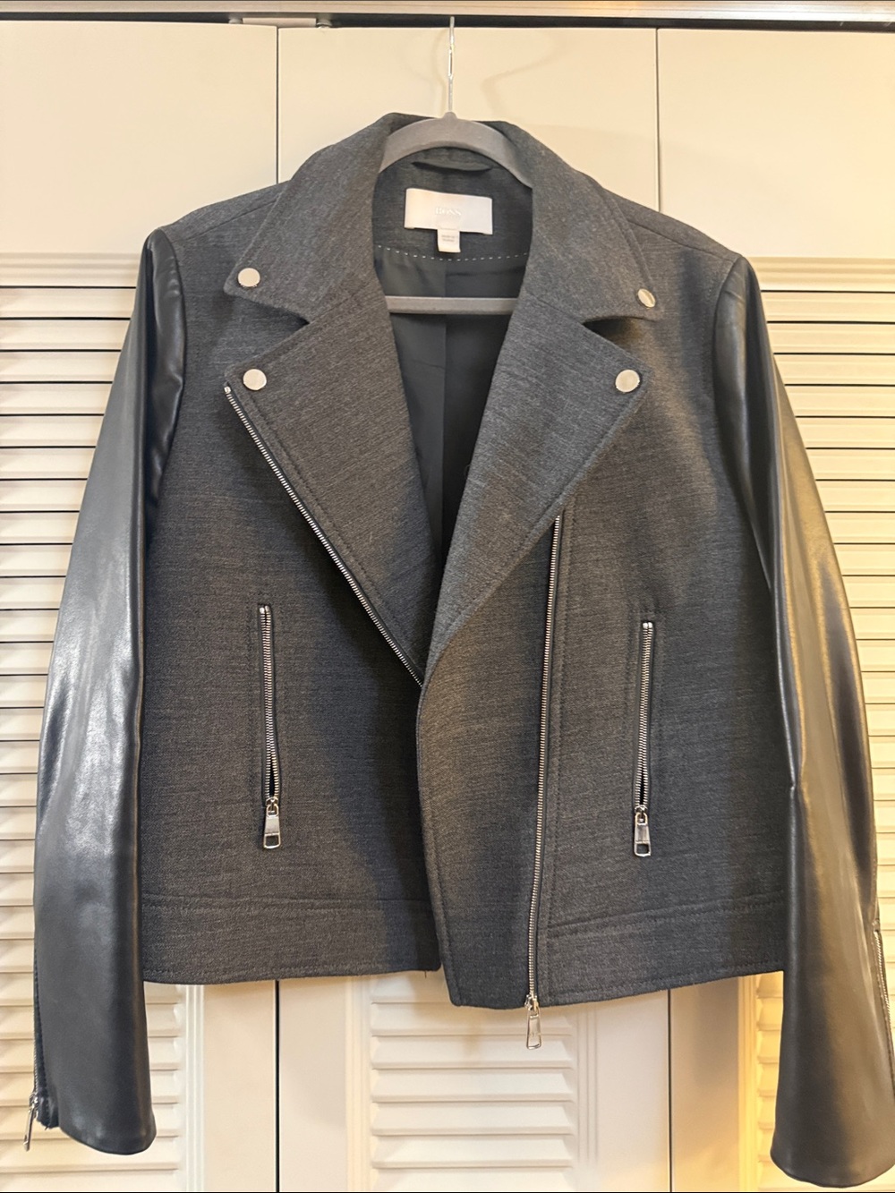 Boss Black and Grey Cropped Jacket with Leather Sleeves